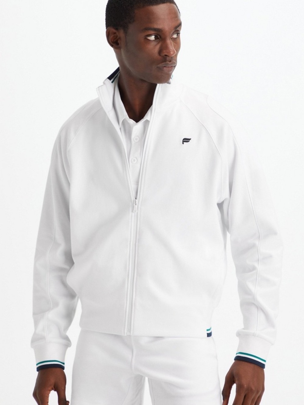 Fabletics Lafayette Jacket White Full-Zip Bomber Jacket with Navy Logo